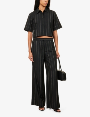Me And Em And Em Womens Black/stone Pinstripe Cropped Woven Shirt In Multi