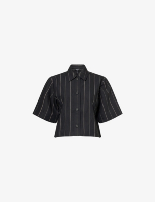 Me And Em And Em Womens Black/stone Pinstripe Cropped Woven Shirt In Multi