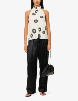 Me And Em And Em Womens Light Cream/black Floral-print Halter-neck Silk Top In Multi