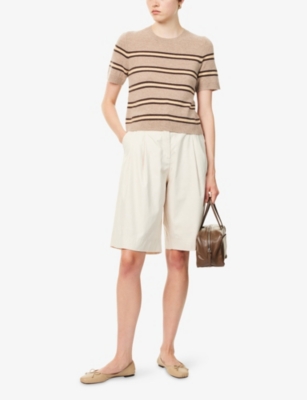 Me And Em And Em Womens Hazelnut Melange Mul Striped Round-neck Cashmere T-shirt Xs In Brown