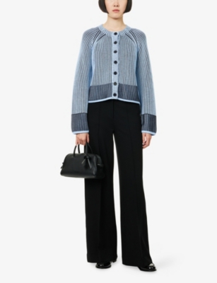 Me And Em And Em Womens Chambray Blue/navy Contrast-rib Knitted Cotton Cardigan
