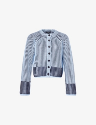 Me And Em And Em Womens Chambray Blue/navy Contrast-rib Knitted Cotton Cardigan