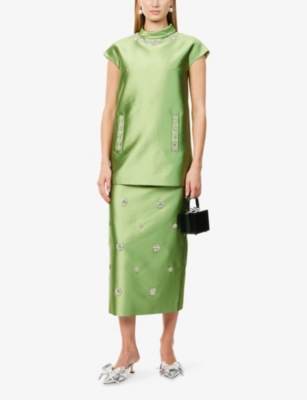 Huishan Zhang Womens Jade Vania Crystal-embellished Silk-blend Midi Skit In Green