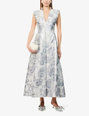 Huishan Zhang Womens Silver Kyle Floral Jacquard Midi Dress In Gray