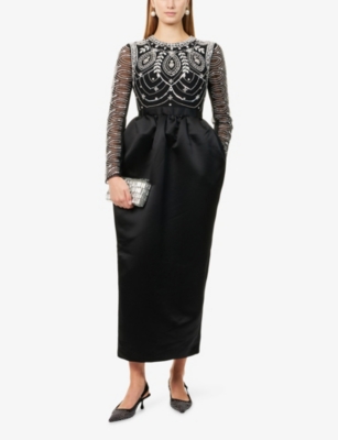 Huishan Zhang Womens Black Starla Sequin-embellished Satin Midi Dress In Black