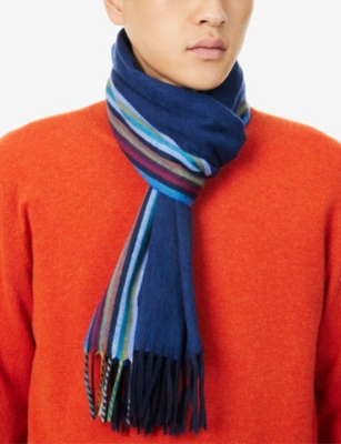 PAUL SMITH: Fringed Striped Cashmere Scarf