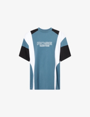 Martine Rose Blue Agean Rose Outline Oversized Colour-block Cotton T-shirt In Blue
