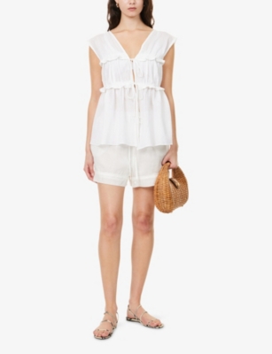 Dissh Womens White Quinn Ruffled Linen And Cotton Top In White