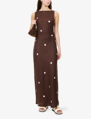 Dissh Womens Bitter Choc Beverly Polka-dot Linen Midi Dress In Brown