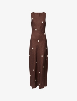 Dissh Womens Bitter Choc Beverly Polka-dot Linen Midi Dress In Brown