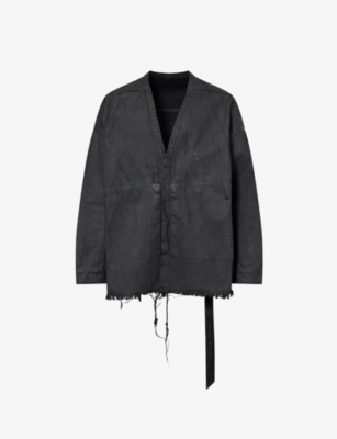 Rick Owens Drkshdw Mens Black Wax Lido Larry Raw-hem Coated-denim Shirt