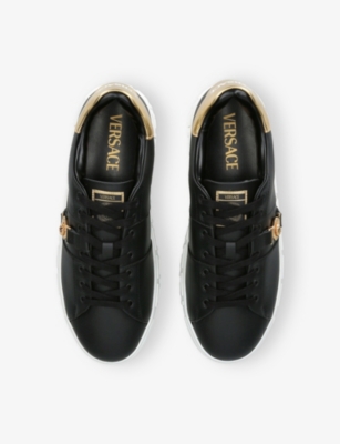 Versace Black Low Top Sneakers With Contrasting Heel With Logo Lettering And Medusa Plaque In Tech Fabric Ma In Black