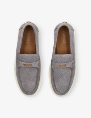 Versace Suede Greco Monogram Loafers In Gray