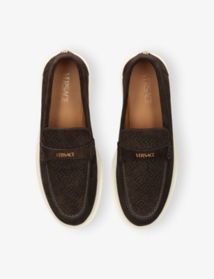 Versace Suede Greco Monogram Loafers In Blue