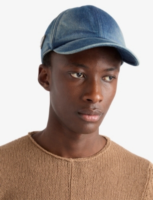 Prada Mens Blue Triangle-logo Denim Baseball Cap In Blue