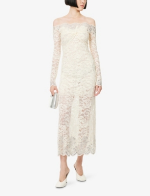 Rabanne Womens Off-the-shoulder Long-sleeve Lace Maxi Dress Ivory In White