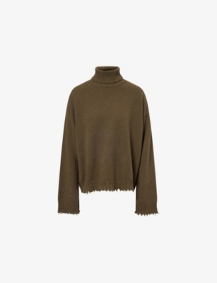 Uma Wang Omens Army Green Distressed High-neck Cashmere Jumper In Brown