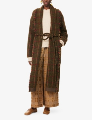 Uma Wang Omens Green Red Tan Chidi Relaxed-fit Knitted Coat In Brown