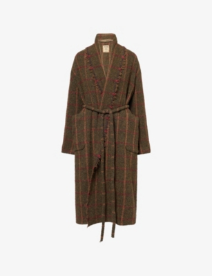 Uma Wang Omens Green Red Tan Chidi Relaxed-fit Knitted Coat In Brown
