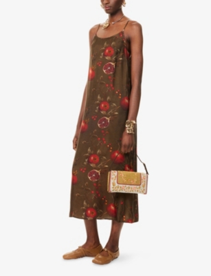 Uma Wang Floral Printed Midi Dress With Adjustable Straps In Brown