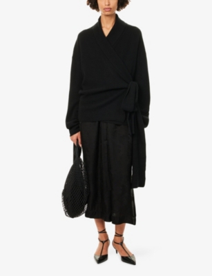 Uma Wang Omens Black Wrap Shawl-collar Cashmere Cardigan In Animal Print