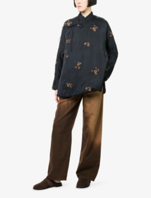 Uma Wang Omens Black Tan Emma Flora-embroidery Cotton-blend Jacket In Blue