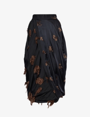 Uma Wang Omens Black Tan Gink Embroidered Cotton-blend Midi Skirt In Black