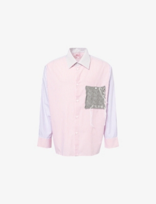 CHARLES JEFFREY LOVERBOY: Striped Knitted-Patch Cotton Shirt