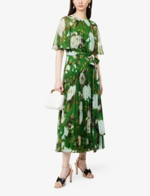 Erdem Womens Painted Rose Black Floral-print Short Sleeve Stretch-cady Midi Dress In Green