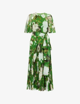 Erdem Womens Painted Rose Black Floral-print Short Sleeve Stretch-cady Midi Dress In Green