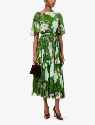 Erdem Womens Painted Rose Black Floral-print Short Sleeve Stretch-cady Midi Dress In Green