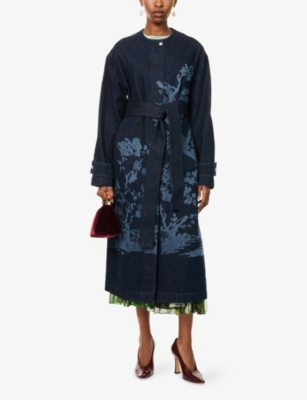 ERDEM: Floral-Print Belted Cotton-Denim Coat