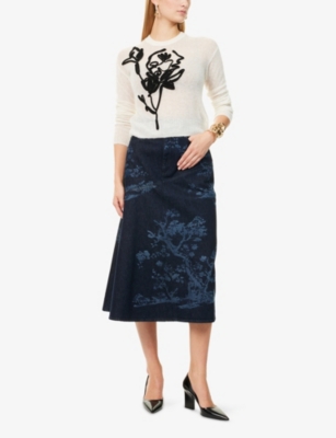 Erdem Womens Cyanotype Etching Indigo Tree-print A-line Denim Midi Skirt