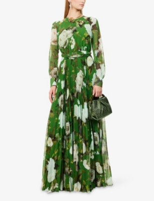 ERDEM: Floral-Print Long-Sleeve Chiffon Gown