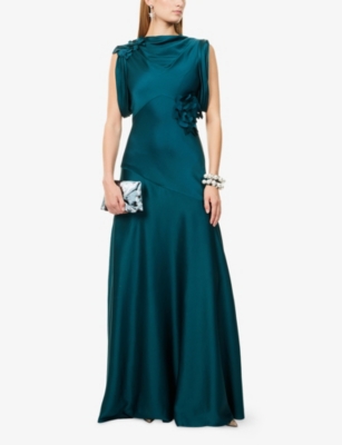 ERDEM: Floral-Embroidered Sleeveless Satin Gown