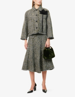 ERDEM: Boxy Floral-Embroidered Cropped Tweed Jacket