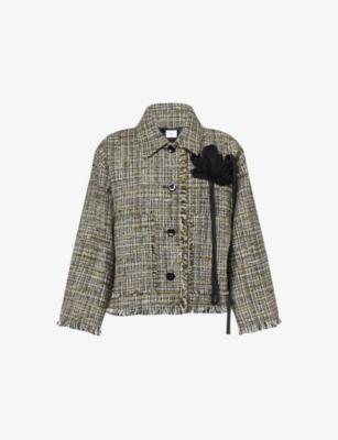 ERDEM: Boxy Floral-Embroidered Cropped Tweed Jacket