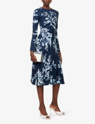 Erdem Womens Cyanotype Etching Navy Draped Floral Stretch-woven Midi Dress In Blue