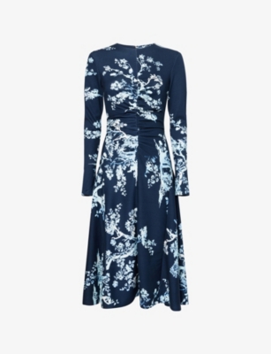 Erdem Womens Cyanotype Etching Navy Draped Floral Stretch-woven Midi Dress In Blue