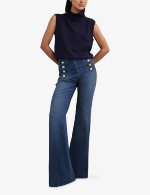 Reiss Womens Mid Blue Athena Flared-leg High-rise Stretch-denim Jeans In Blue