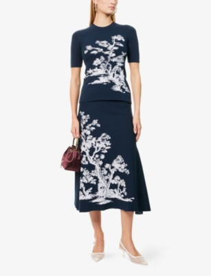 Erdem Womens Cyanotype Etching Navy Tree-print A-line Knitted Midi Skirt In Blue