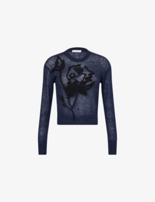 Erdem Womens Navy Flower-embroidered Crewneck Wool-blend Jumper In Blue