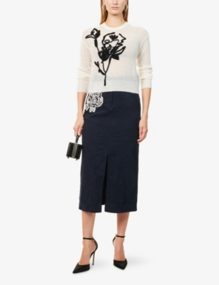 Erdem Womens Ivory Flower-embroidered Crewneck Wool-blend Jumper In White