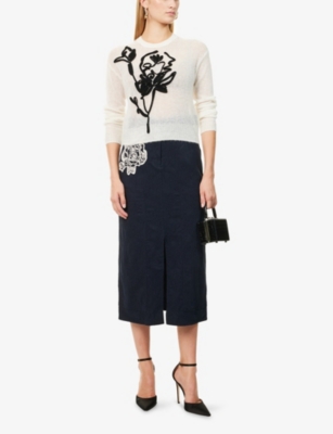Erdem Womens Midnight Blue Flower-embroidered A-line Cotton-blend Midi Skirt In Multi