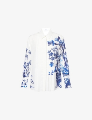 Erdem Womens Cyanotype Etching White Floral Pleated Woven Shirt In Multi