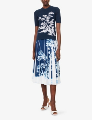 Erdem Womens Cyanotype Etching Navy Pleated Printed Woven Midi Skirt In Blue