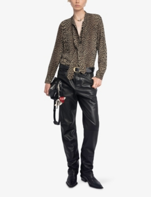 Zadig & Voltaire Tulba Leopard Print Tie Neck Button-up Shirt In Brown