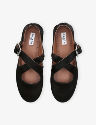 AZZEDINE ALAIA: Criss Cross Pony-Hair Effect Leather Flats