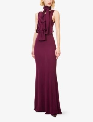Alaïa Womens Alaia High-neck Bow Woven Maxi Dress In Burgundy