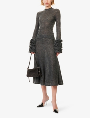 Alaïa Womens Gris Chine Frilled-cuffs Regular-fit Wool-blend Jumper In Silver